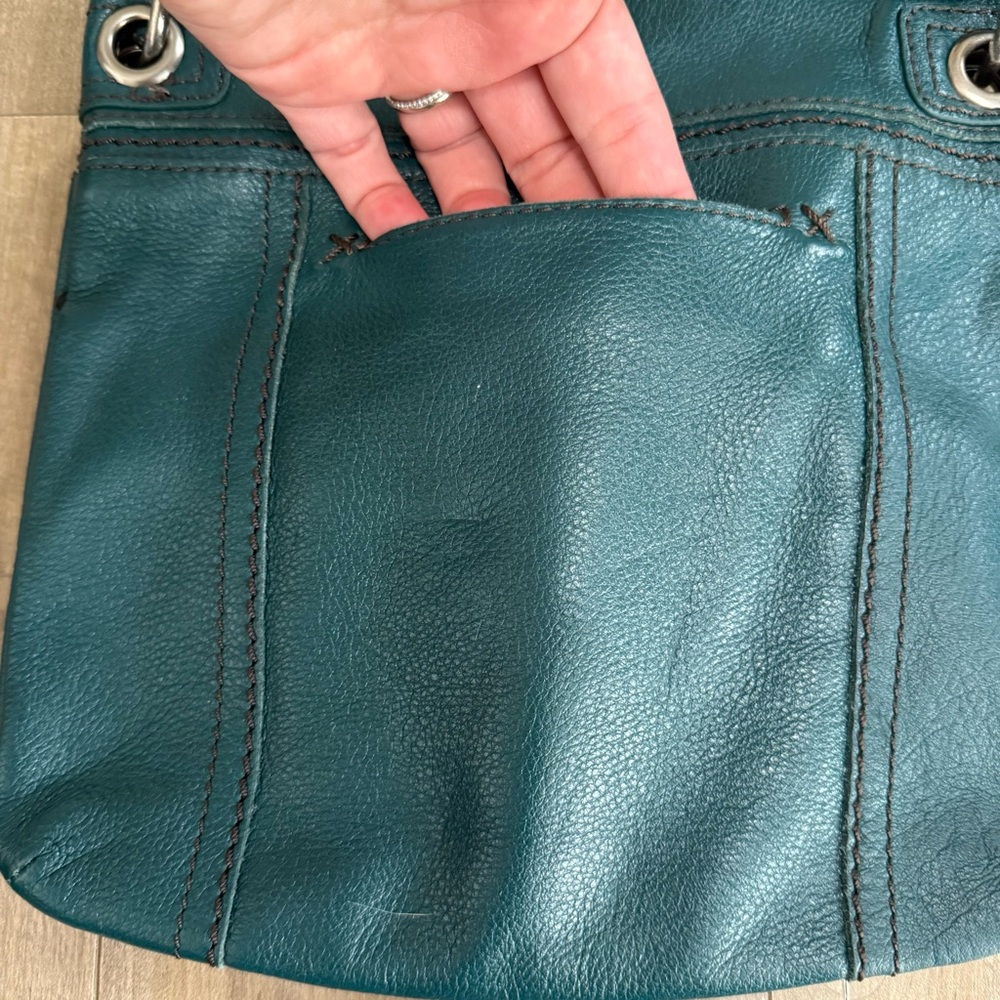 The SAK Vintage Crossbody Purse Bag Leather Turquoise Blue Fabric Strap - Picture 11 of 16